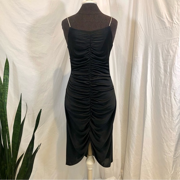 Vintage 1970s Ruched Stretch Knee-Length Disco Dress w/ Rhinestone Straps - Picture 2 of 16